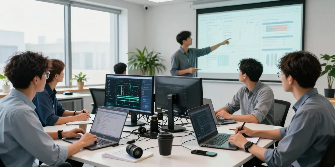Team providing business IT support in a modern office with technology equipment.