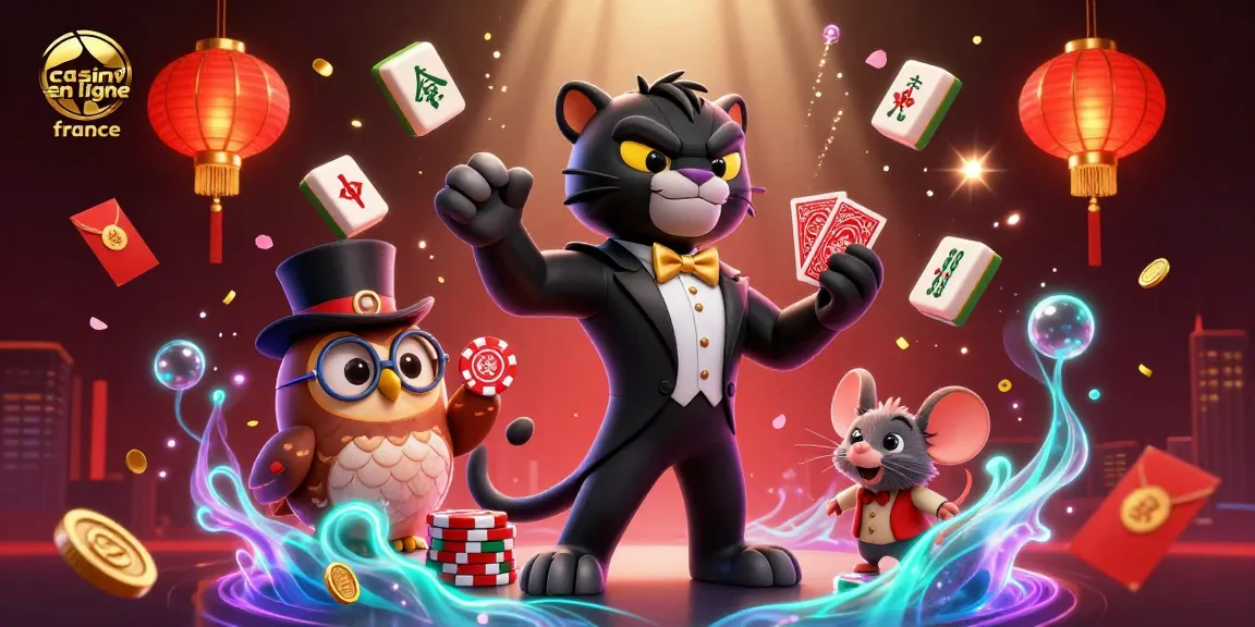 Illustration dynamique d'un casino en ligne France avec une panthère jouant aux cartes et des éléments de jeu.