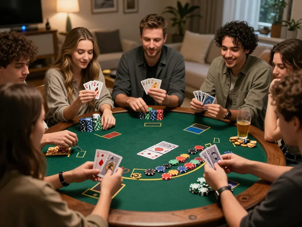 Onbet blackjack players enjoying a home game night with chips and cards