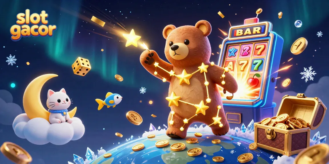 Experience thrilling gameplay with slot gacor, where a constellation bear collects coins amidst a vibrant casino scene.