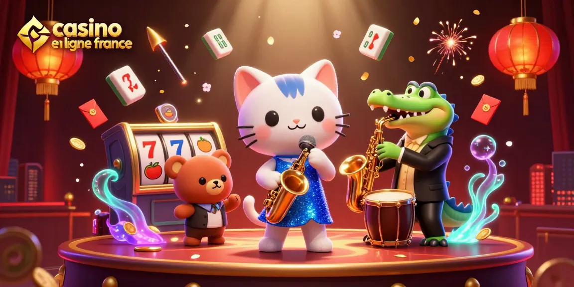 Plongez dans le monde du casino en ligne France avec des personnages animés en scène entourés d'éléments de jeu captivants.