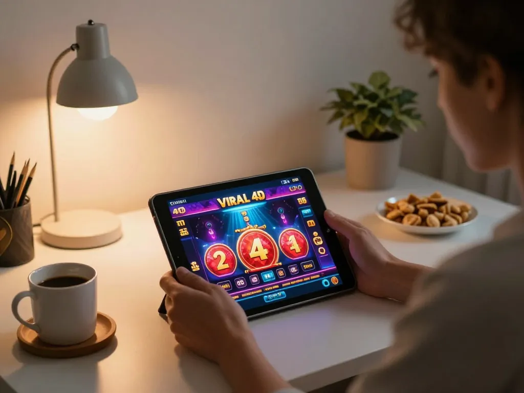 Engaging in viral4d online gaming with focus on tablet and cozy atmosphere in home office.