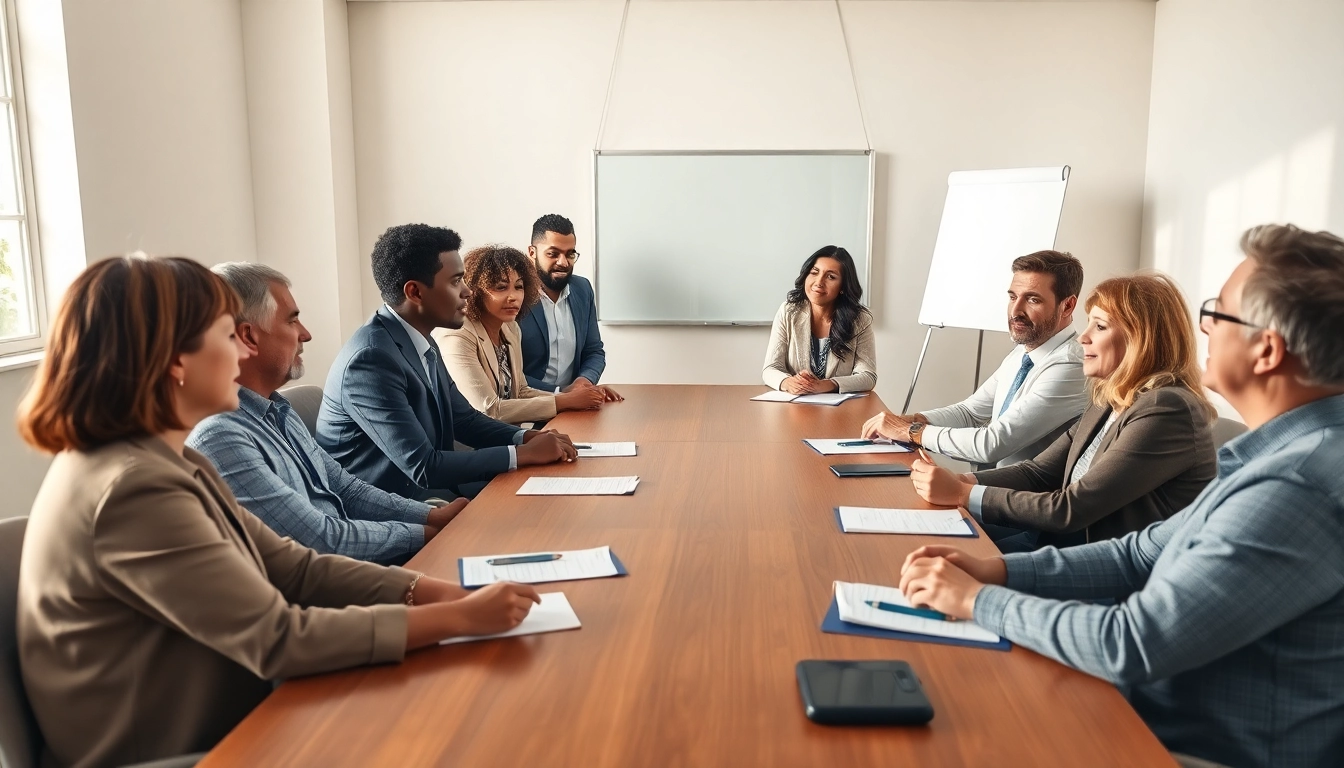 Mediation session with diverse participants discussing solutions in a serene office environment.