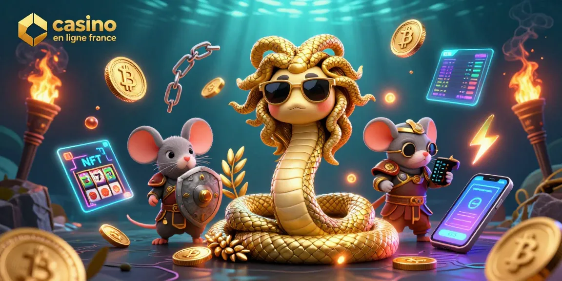 Jouez au casino en ligne France avec Medusa et un guerrier, entouré d'éléments de crypto-monnaie.