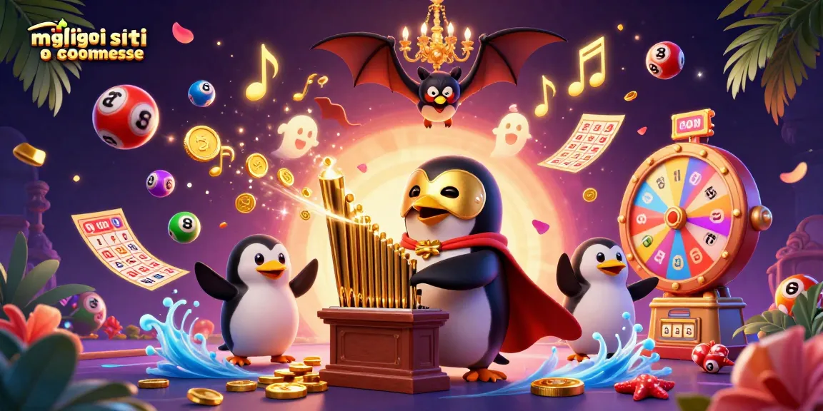 Scopri i migliori siti scommesse con un pinguino che gioca una melodia di monete d'oro e una danza di palloni colorati.