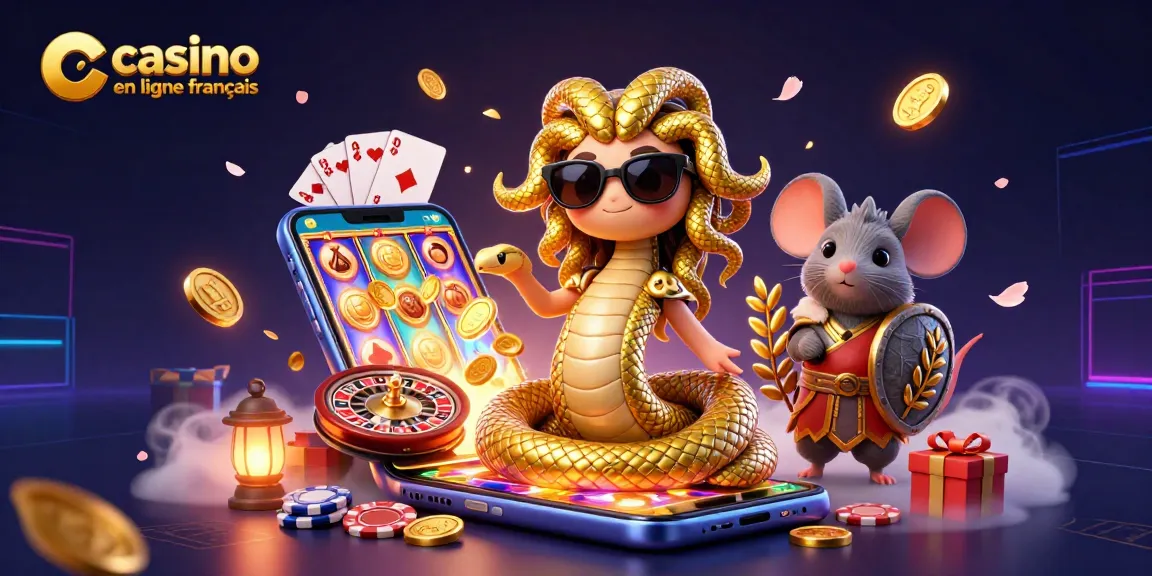 Jouez au casino en ligne français avec des personnages animés dynamiques entourés de jeux et jetons.