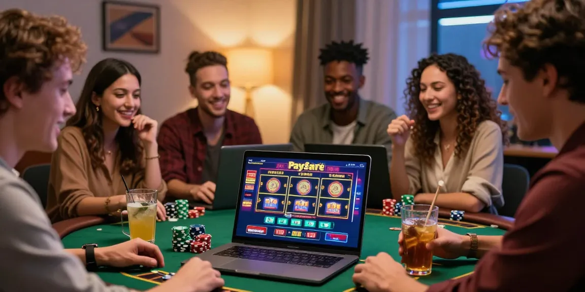 Gruppe von Freunden, die einen lustigen Abend in einem Paysafe Card Casino genießen und große Gewinne mit Chips und Getränken feiern.