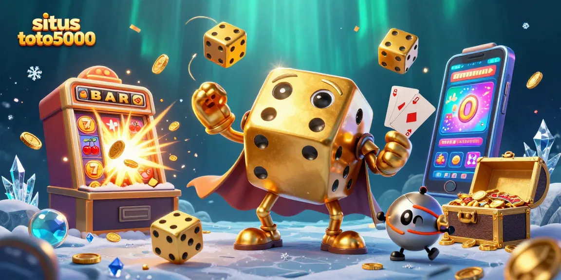 Experience situs toto5000 through a dynamic 3D illustration featuring golden dice and casino elements.