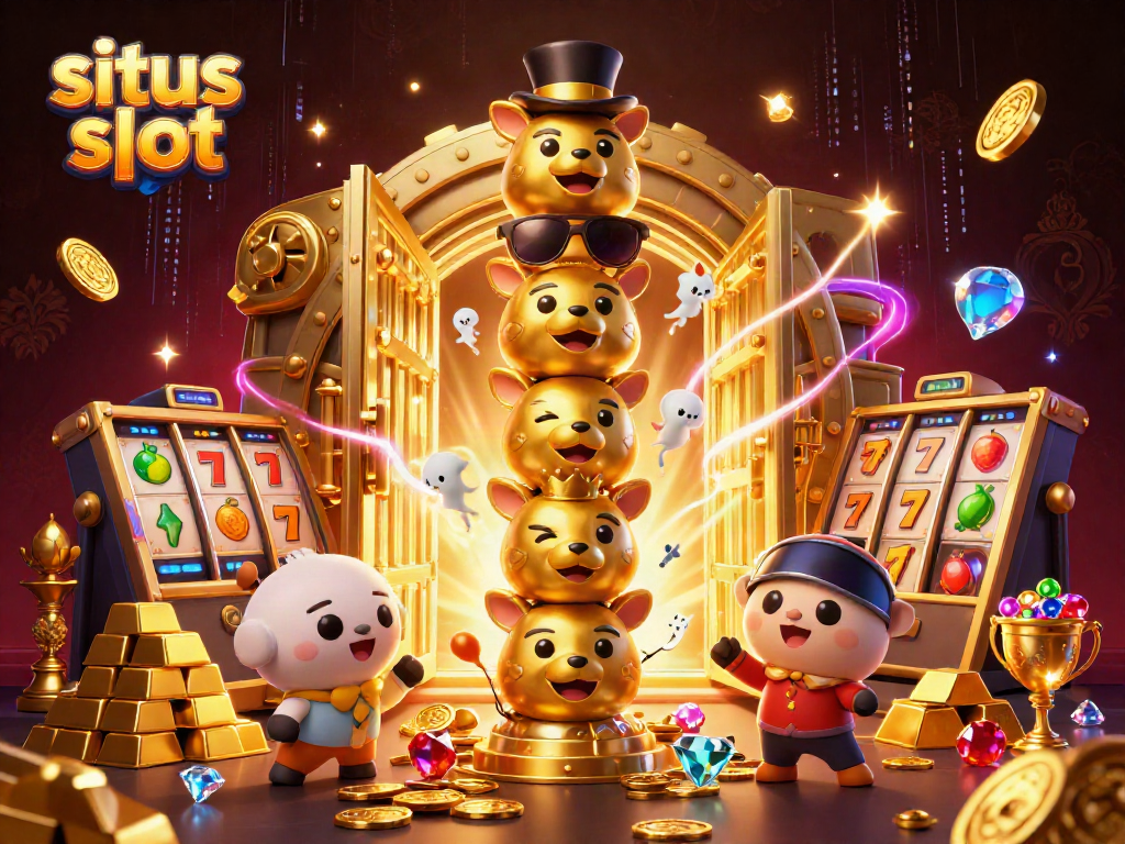Ilustrasi totem kasino 3D dengan simbol slot dan harta karun melimpah, situs slot yang menguntungkan.