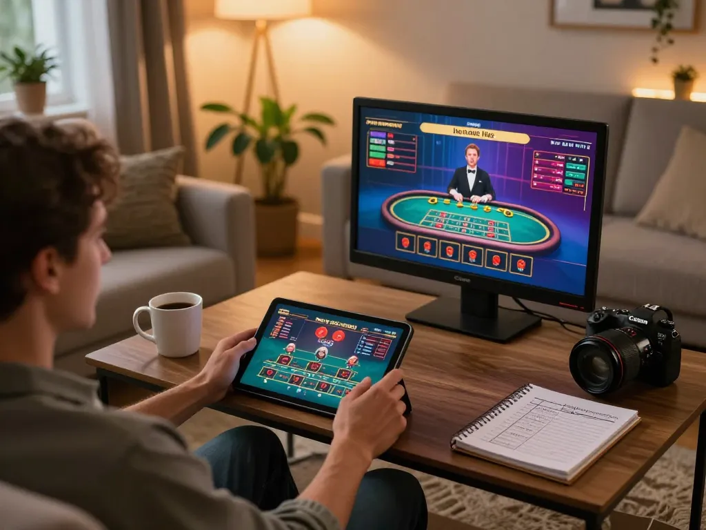 Player enjoying live dealer games on sin88 platform with cozy home atmosphere