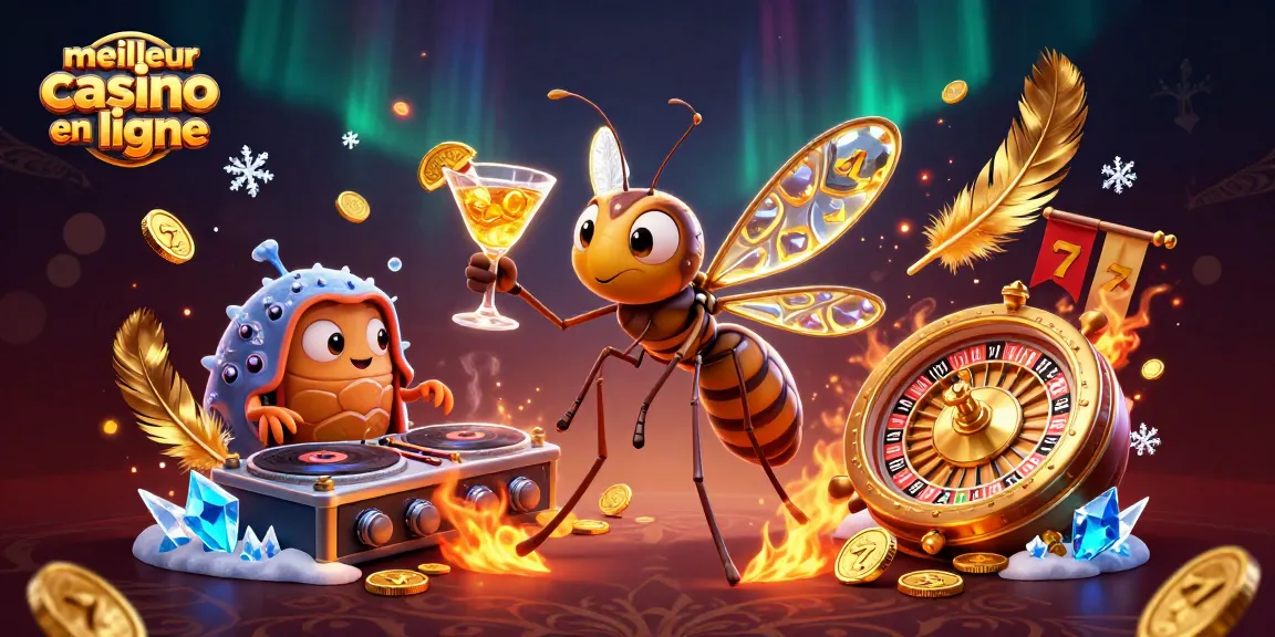 Jouez au meilleur casino en ligne avec cette illustration dynamique, révélant personnages et éléments de casino.