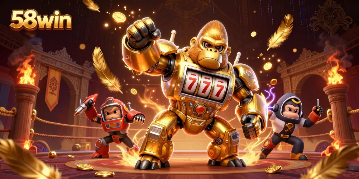 Spin the reels with 58win's golden gorilla mech overflowing with coins in a dynamic casino scene.