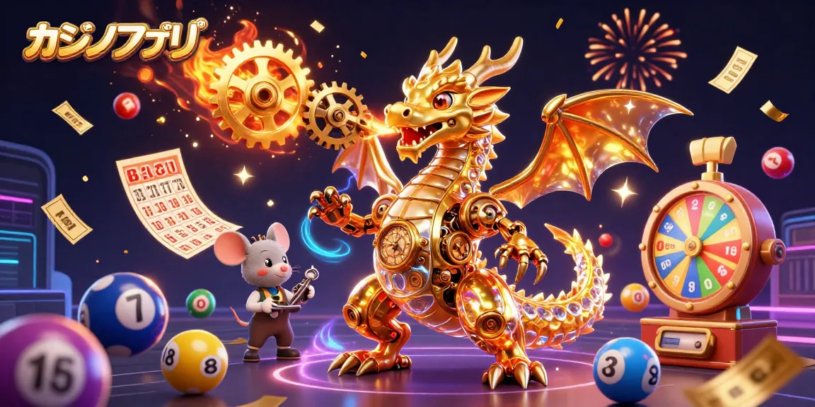 カジノアプリのためのカラフルな宝くじボールやギャンブルゲーム要素が散りばめられたドラゴンのイラスト