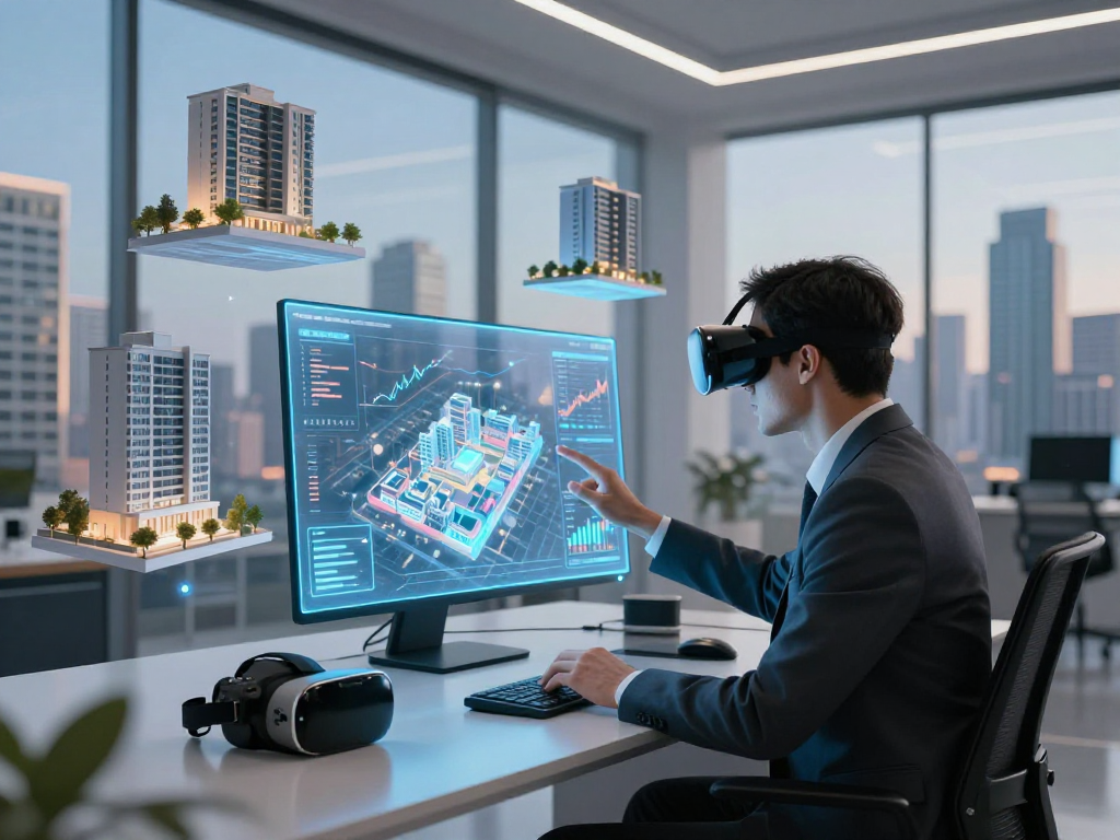 Investor exploring virtual property opportunities with rokok88 in a modern digital workspace.