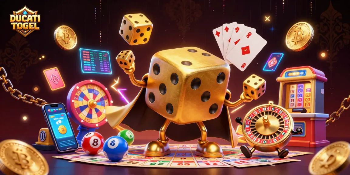 Engage with DUCATI TOGEL lottery elements like bingo cards, golden dice, and vibrant cryptocurrency displays.