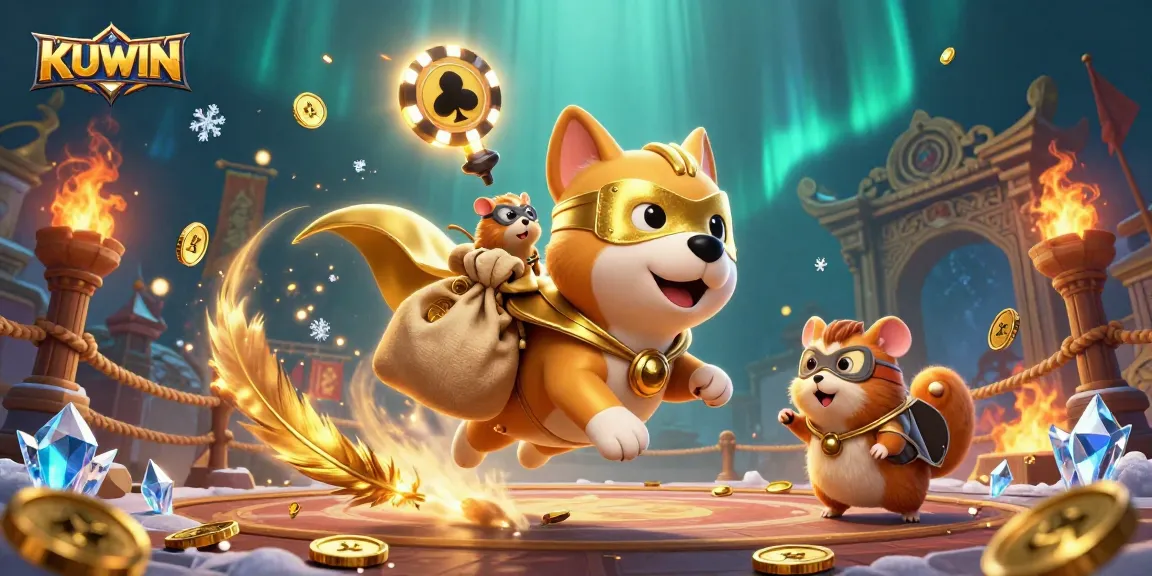 KUWIN offers a wealth of thrilling gambling experiences, showcased through a dynamic illustration featuring a superhero dog and vibrant casino elements.