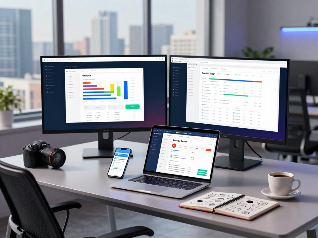 Digital marketer managing multiple accounts with an antidetect browser in a modern workspace.