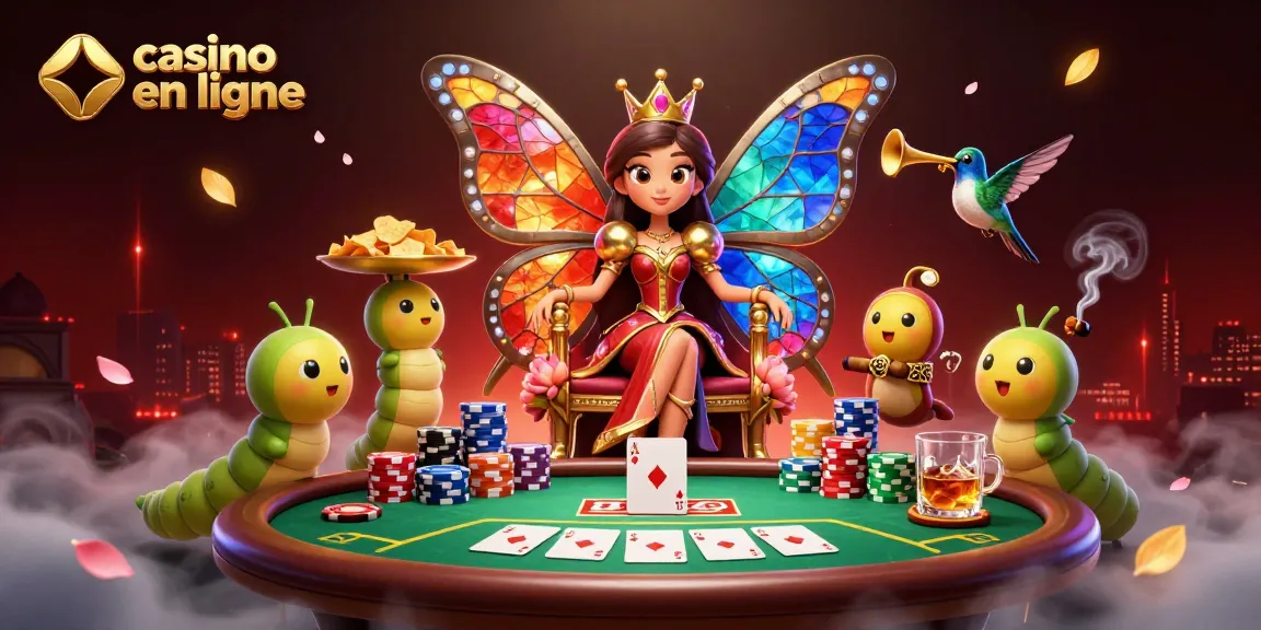 Jouez au casino en ligne avec une reine papillon colorée et des éléments de jeu captivants.
