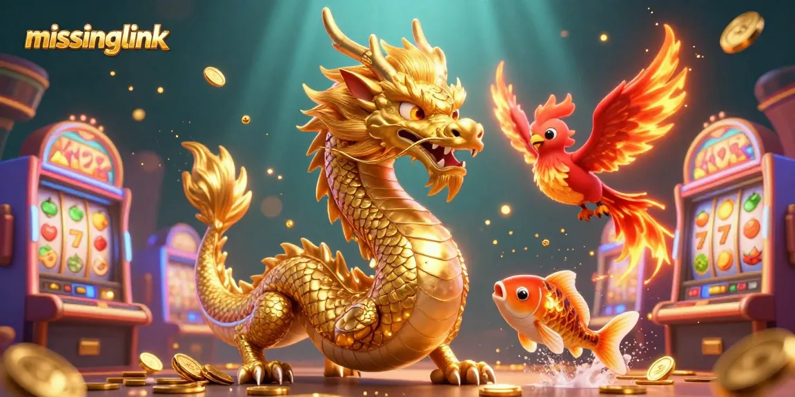 Experience the excitement of missinglink with a vibrant casino atmosphere, featuring a golden dragon and treasures.