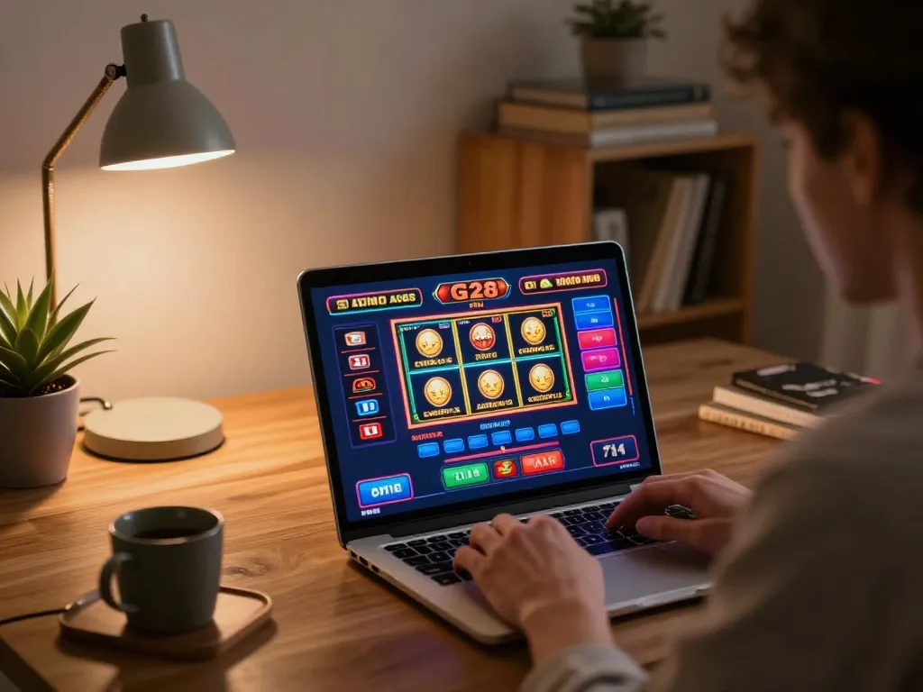 Engaging with G28 online casino from home, vibrant gaming interface on laptop.