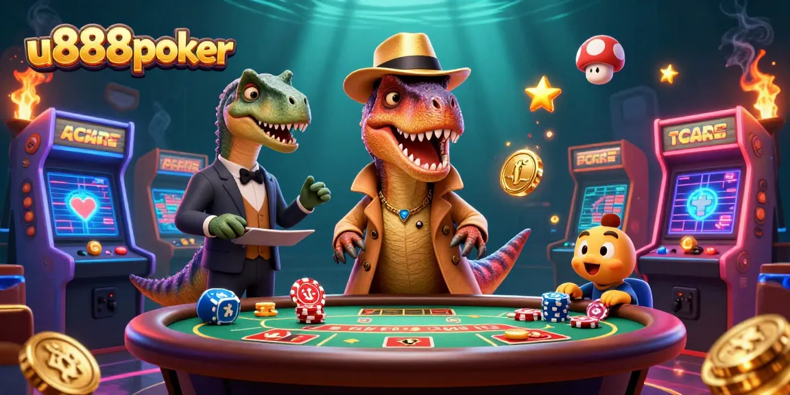 Engage with the u888poker action featuring a velociraptor card counter and casino elements.
