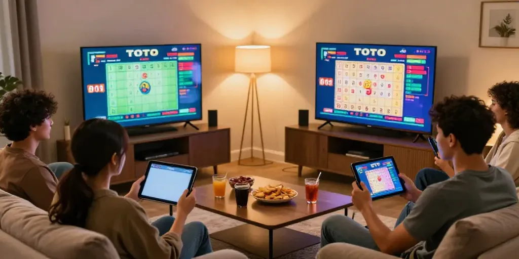 Toto online game night with friends in a lively living room.