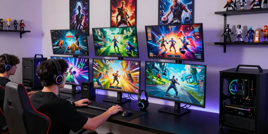 Exciting online gaming scene featuring luxury333 user with multiple screens and gaming gear, showcasing vibrant graphics and energetic atmosphere.