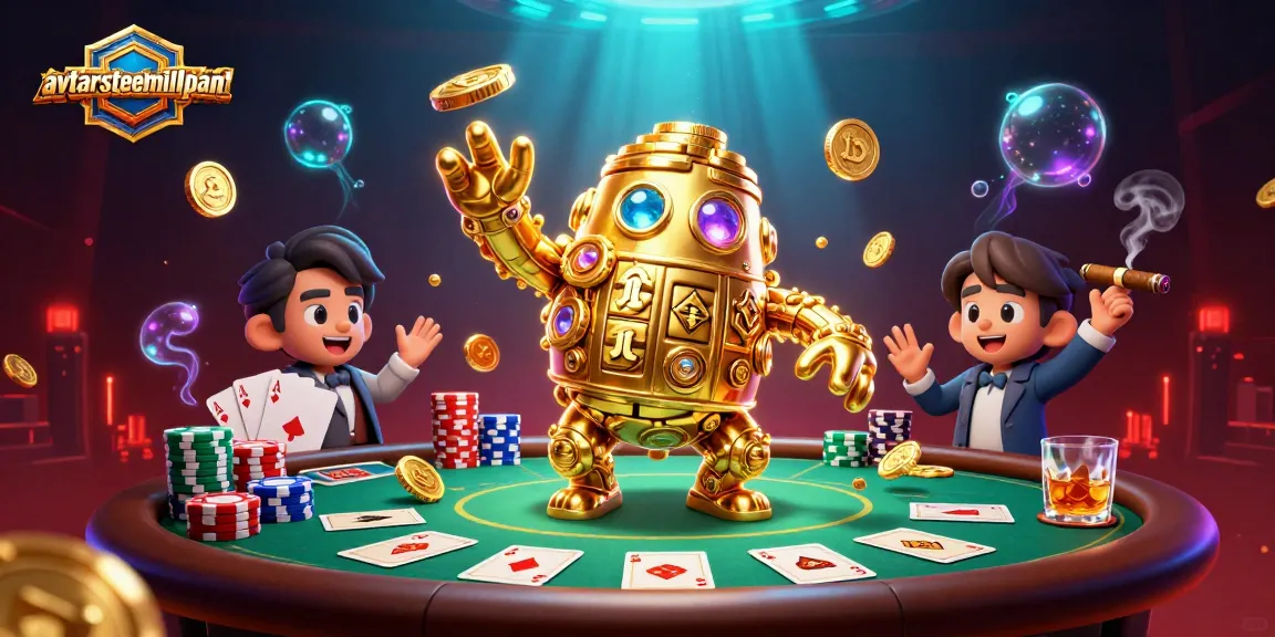 Mainkan slot di avtarsteelmillplant dengan simbol mesin slot dan koin emas berputar di sekitar.