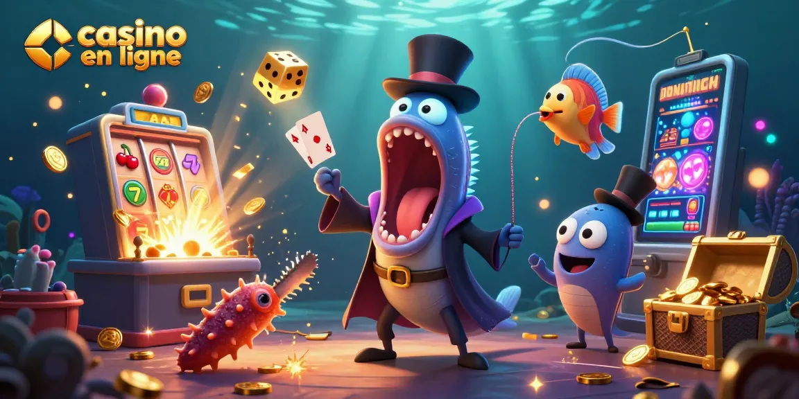 Dévoilez le monde fascinant du casino en ligne avec une illustration 3D captivante réunissant une anguille des profondeurs et un poisson-lanterne.