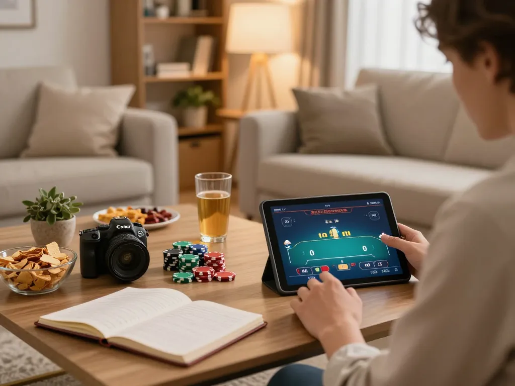 Engaging user playing poker on 3win com tablet in a cozy living room setting.