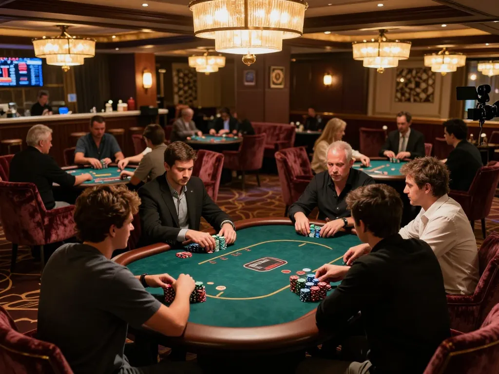 Players strategizing at a high-stakes poker table in a luxurious casino atmosphere, 789win777.