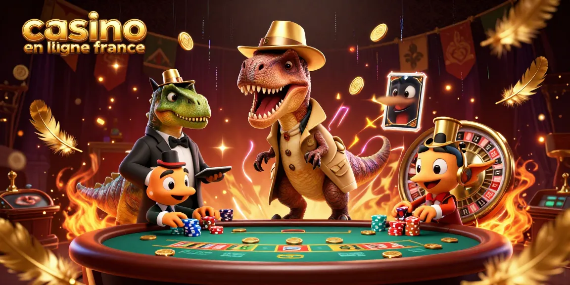 Illustration dynamique représentant un velociraptor jouant au blackjack avec le texte "casino en ligne france"