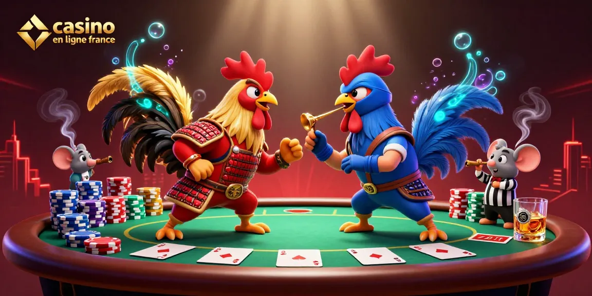 Illustration dynamique de casino en ligne France avec des coqs en combat sur une table de poker.