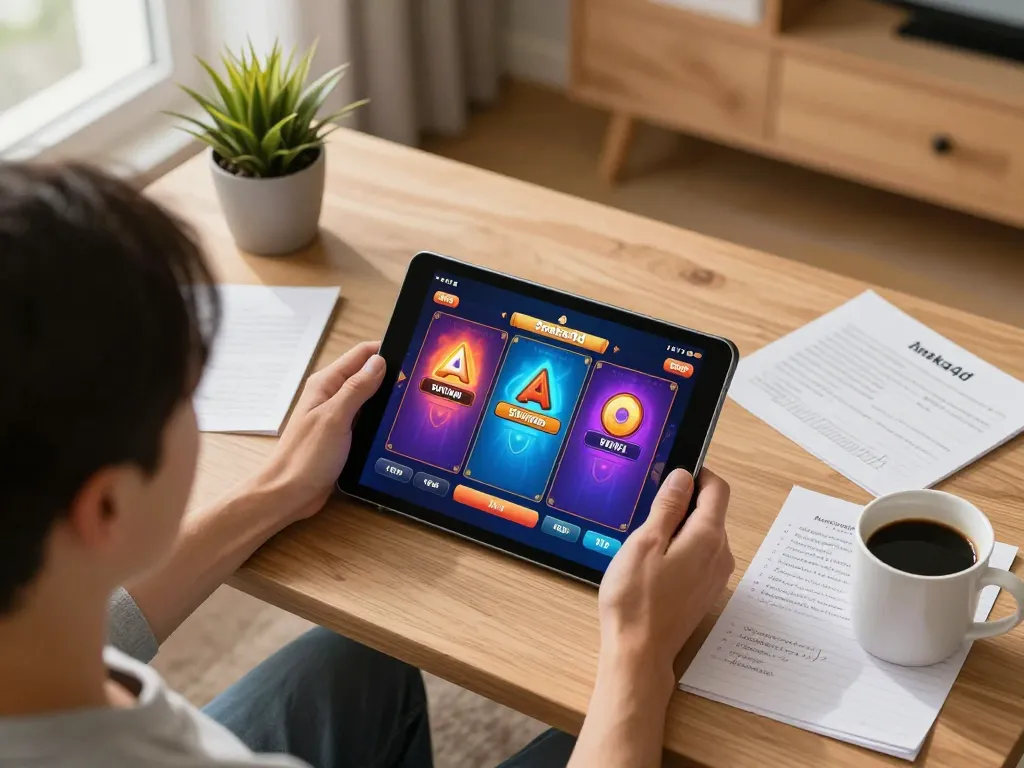 Pemain terlibat dengan permainan slot aneka4d di tablet dalam suasana rumah yang nyaman, menggambarkan permainan yang bertanggung jawab dan taruhan yang strategis.