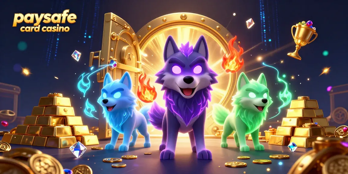 Erleben Sie Aufregung in einem Paysafe Card Casino mit leuchtenden Wolf-Charakteren und Schatz-Elementen.