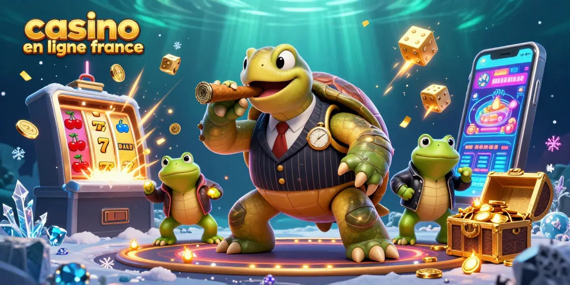 Illustration dynamique de casino en ligne France, avec une tortue en costume de gangster, des grenouilles en colère, et une machine à sous explosive.