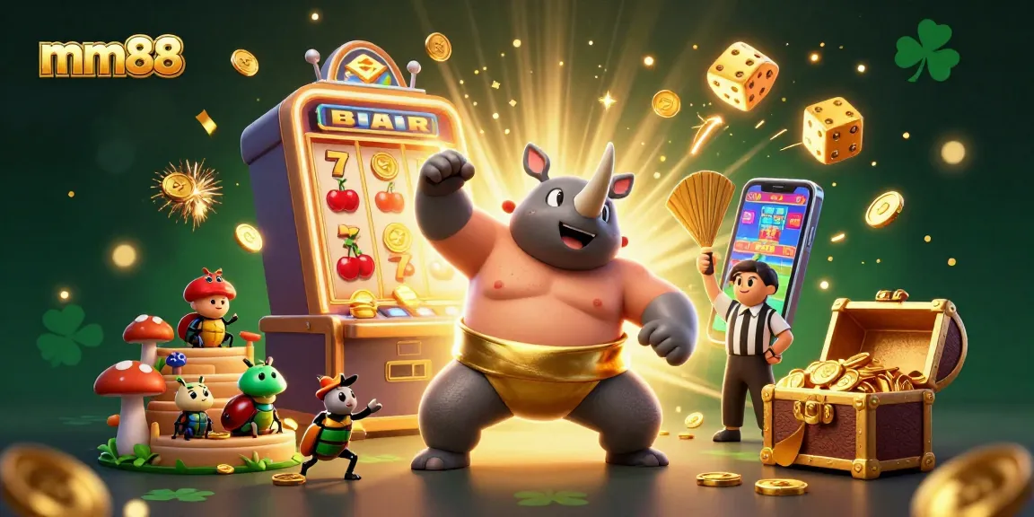 Experience exciting slot wins at mm88 with a dynamic illustration of a sumo beetle champion amidst golden coins and festive casino elements.