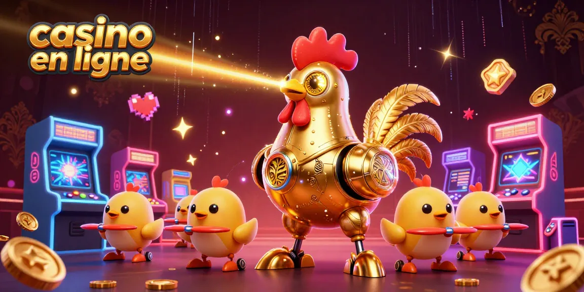 Jouez à des jeux captivants au casino en ligne avec un robot coq futuriste et des drones tandis qu'ils interagissent avec des machines de jeu.