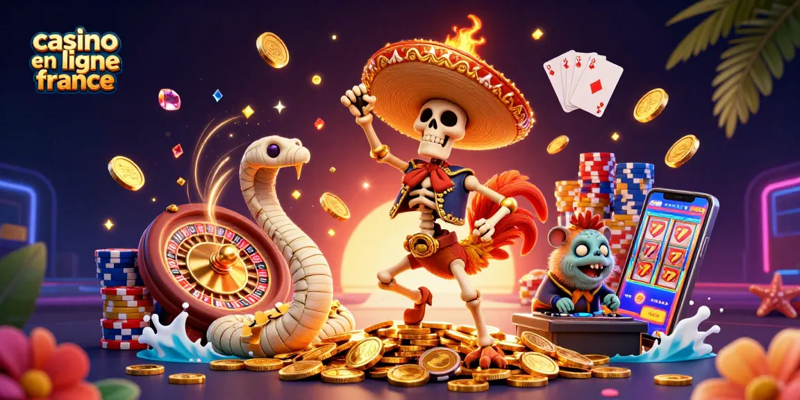 Illustration dynamique animée de casino en ligne France, avec des personnages fantastiques et des éléments de jeu.