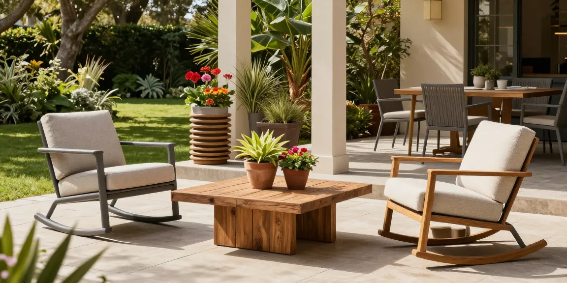 Modern patio furniture in an inviting outdoor setting with lush greenery and stylish seating.