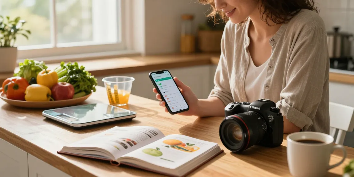 Nutritionist using the best calorie tracker app in a sunny kitchen to promote healthy meal prep.
