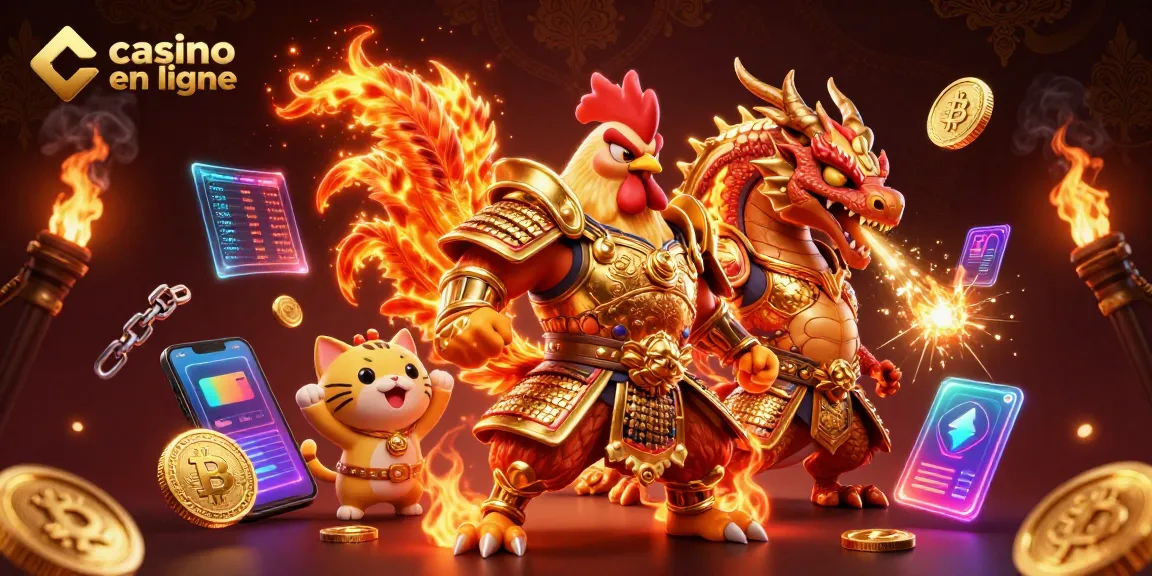 Image captivante d'un casino en ligne mettant en scène un guerrier coq et un dragon, animés par des pièces de crypto-monnaies.
