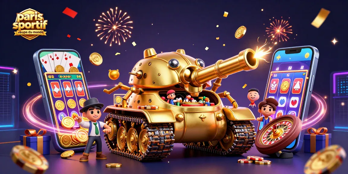 Paris sportif Coupe du Monde, illustration dynamique d'un tank de casino en or frappant avec des confettis.