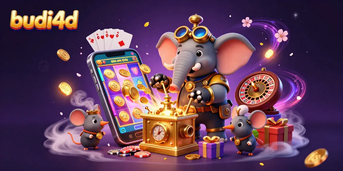Experience the thrill with budi4d as a steampunk elephant spins a golden slot machine amid vibrant casino elements.