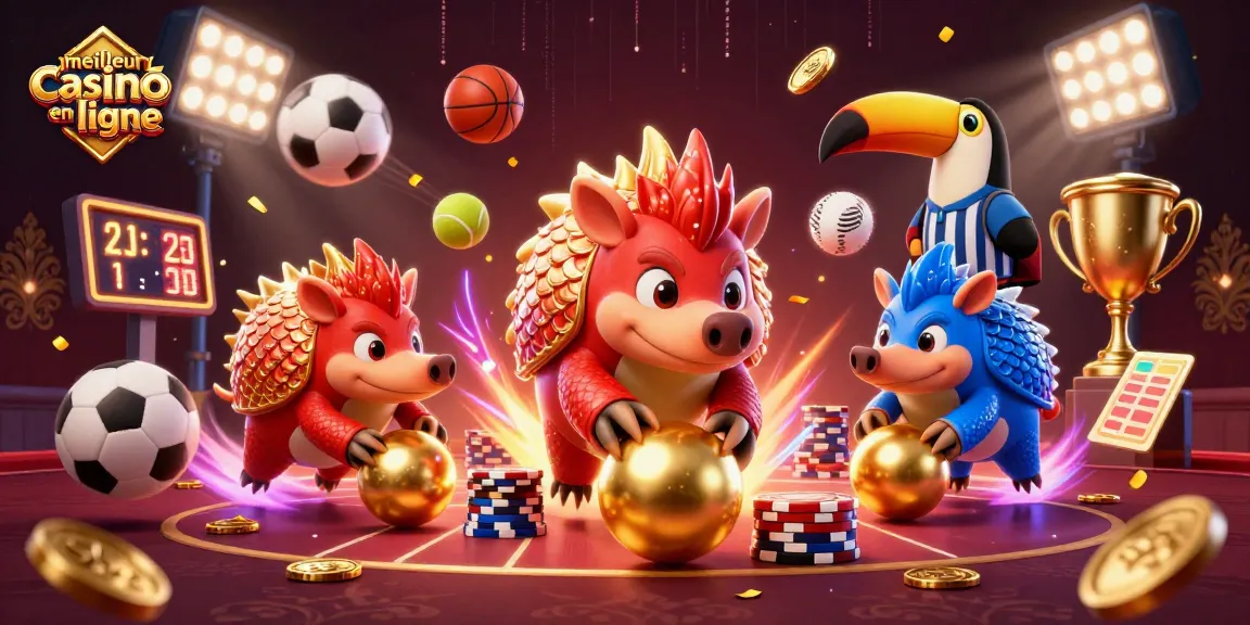 Une scène dynamique représentant le meilleur casino en ligne avec des pangolins rivaux, des jetons de poker et des trophées.
