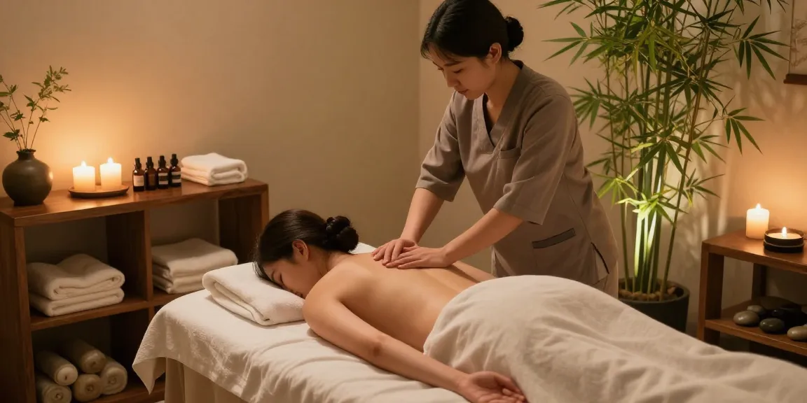 Relaxation during 강남출장마사지 session in a serene spa with candles and calming decor.