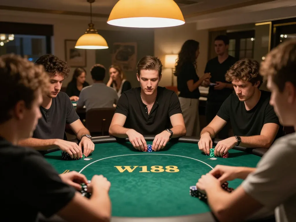 W188 poker players engaging in an intense game night, showcasing strategy and camaraderie.