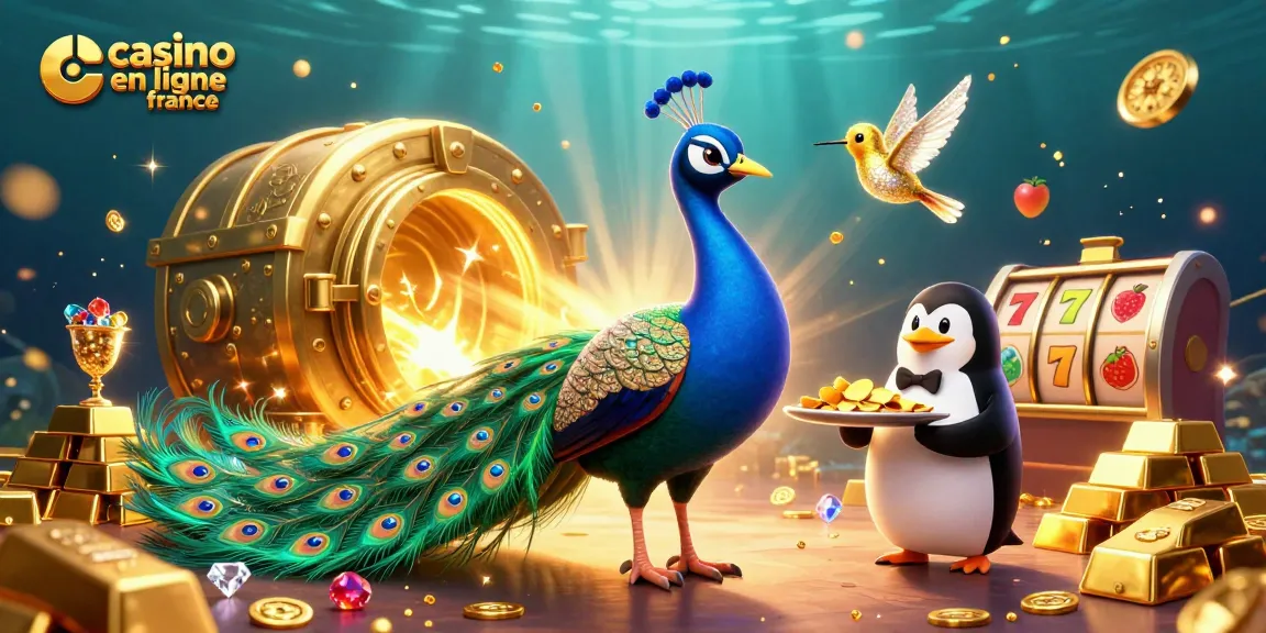 Découvrez les merveilles du casino en ligne France avec un paon majestueux et un pingouin, entourés d'une scène riche de trésors.