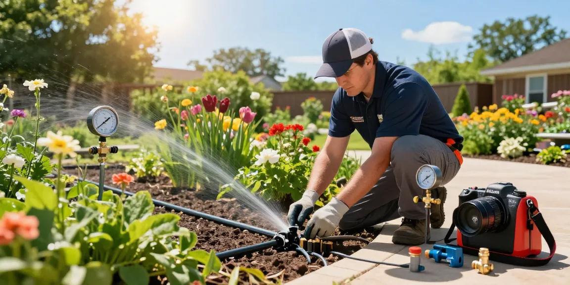 Expert technician providing Professional Irrigation Services in Springtown, TX, showcasing a sophisticated drip irrigation system in a lush garden.