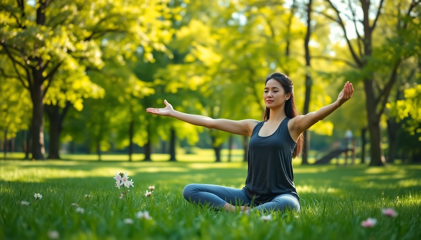 Showcasing health-focused yoga practice in a peaceful park, enhancing wellness.